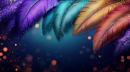 Obraz premium Mardi Gras carnival feathers background with copy space, gold green purple