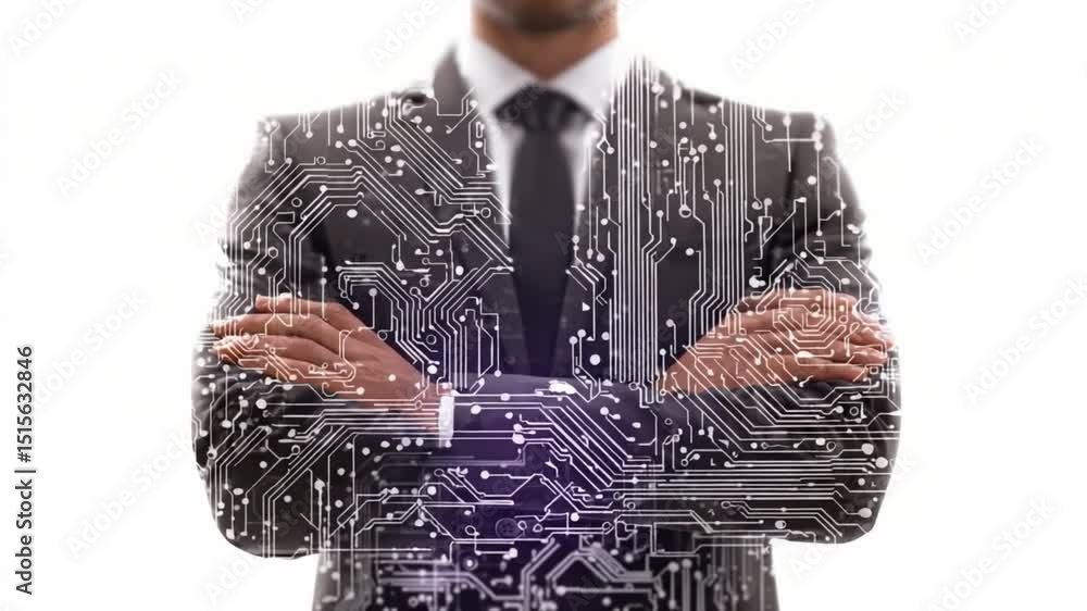 Aufkleber digital future: a person standing confidently, his suit adorned with intricate microchip patterns, s
