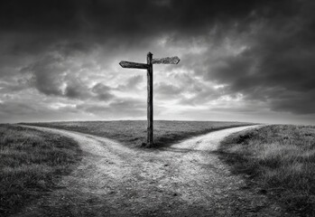 A striking black-and-white image of a wooden signpost at a crossroads, symbolizing decision-making and life's pivotal moments against a dramatic cloudy sky.