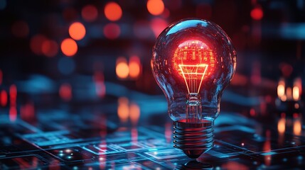 A neon-lit smart lightbulb with a holographic interface displaying energy consumption 