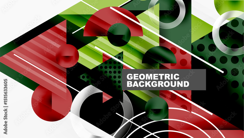 Aufkleber Abstract geometric design. Overlapping shapes, lines create dynamic composition. Red, green, white dominate visual space. Modern aesthetic.