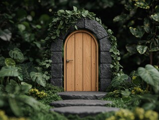 Wooden Door in Stone Archway Hidden in Lush Forest