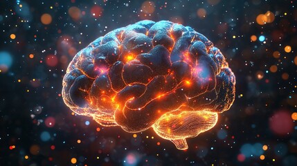 A holographic floating brain model showing evolving intelligence patterns
