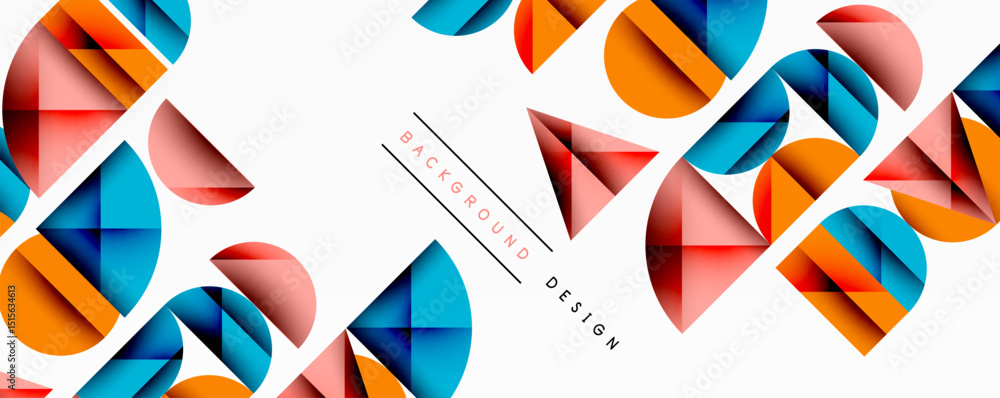 Poster Abstract geometric shapes repeat across white space. Circles, triangles form dynamic pattern. Modern design elements present.