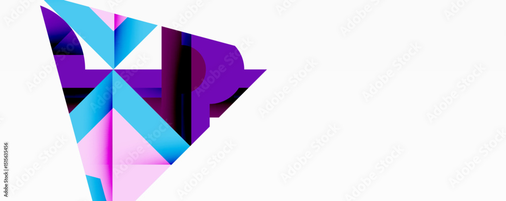 Poster abstract geometric design. purple, blue, pink shapes overlap creating dynamic composition. minimalis