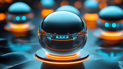 Reflective spheres on illuminated platforms.