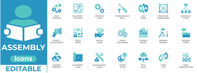 Clean assembly icons for industry, automation, tools, and factory visuals