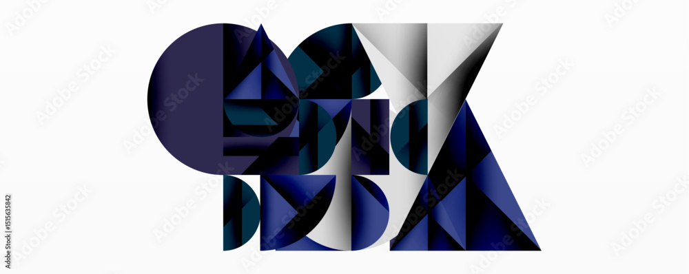 Poster Abstract geometric composition. Dark blue shapes overlap white background. Circles, triangles, rectangles create complex design. Minimalist style.