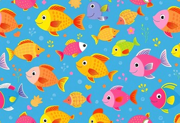 Naklejka premium Seamless vector pattern featuring adorable cartoon fish and aquatic animals in vibrant colors, adorable, wildlife