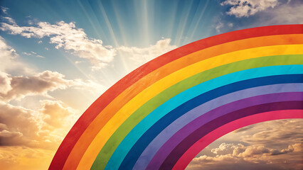 Rainbow against bright blue sky with white clouds. Conceptual image