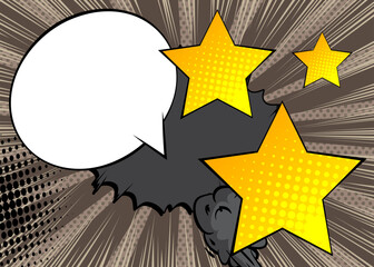 Cartoon Star with blank speech bubble, comic book background. Retro vector comics pop art design.