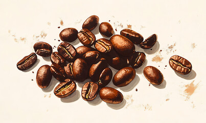 Realistic and artistic illustrations of coffee beans, brewing equipment, coffee cups, baristas, coffee farms, roasting processes, and café scenes