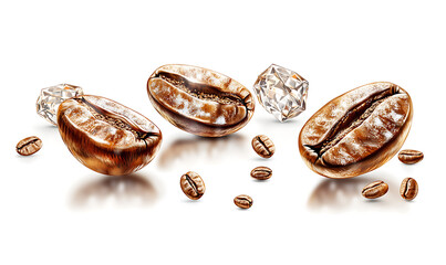 Realistic and artistic illustrations of coffee beans, brewing equipment, coffee cups, baristas, coffee farms, roasting processes, and café scenes