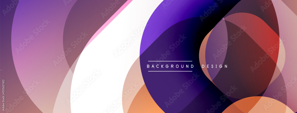 Poster Abstract composition features overlapping circles, gradients. Purple, orange, white hues create dynamic visual effect. Modern design element.
