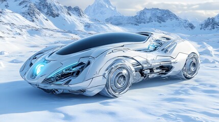 Naklejka premium Futuristic vehicle on a snowy landscape.