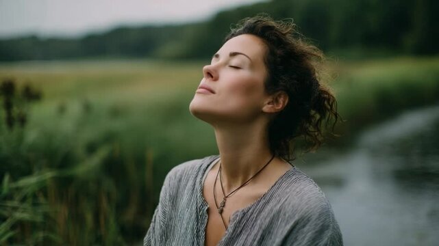 Serene Rejuvenation: A woman finds inner peace, closing her eyes as she basks in the gentle touch of nature, epitomizing the beauty of mindfulness and the harmony between self and the environment.