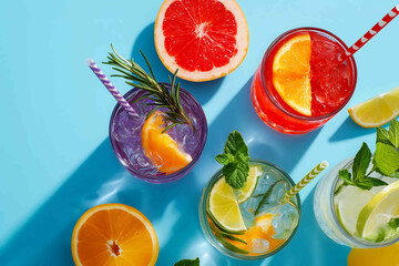 Creative flat lay of colorful cocktails fruit slices straws and herbs arranged on a bright blue background top view artistic composition vivid colors tr