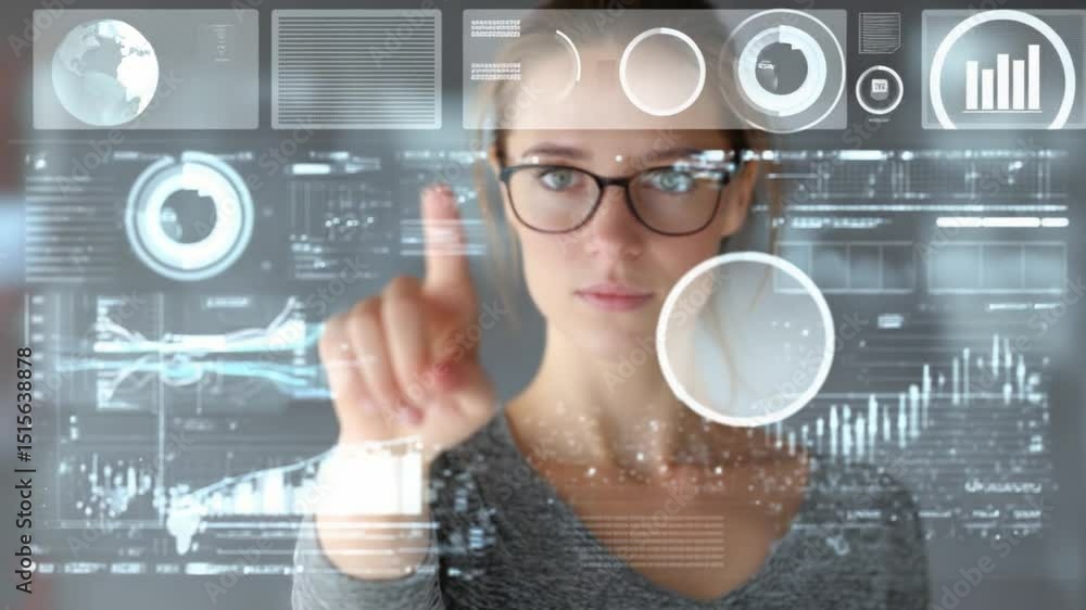 Poster interactive tech interface: a sharp image showcases a woman using interactive technology, engaging w