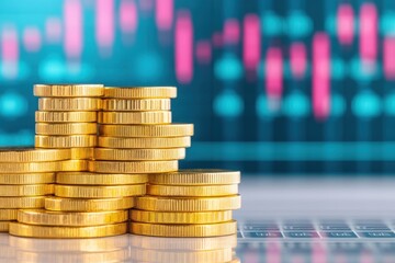 Stacks of gold coins on a keyboard with a colorful stock market chart in the background.