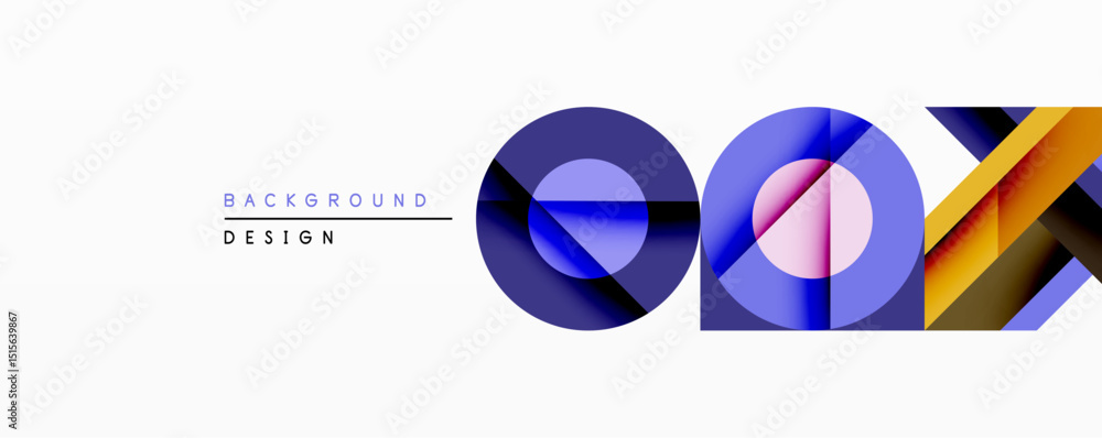 Poster abstract geometric shapes create vibrant background. blue, purple, yellow hues blend, forming dynami