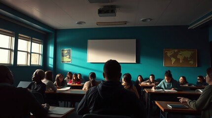 Fototapeta premium Interior view of a classroom with students seated at desks, facing the front with a blank board