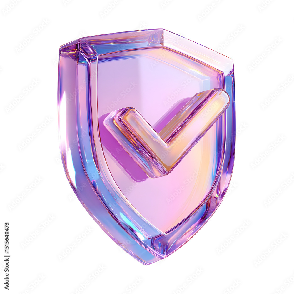 Poster Futuristic 3D render of a vibrant translucent purple and pink crystal shield icon representing security authentication and approval