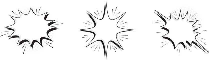 Comic explosion bubble set. Comic burst elements with halftone shadows
