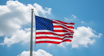 Obraz premium American Flag Flying Outdoors Under Blue Sky