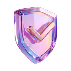 Futuristic 3D render of a vibrant translucent purple and pink crystal shield icon representing security authentication and approval