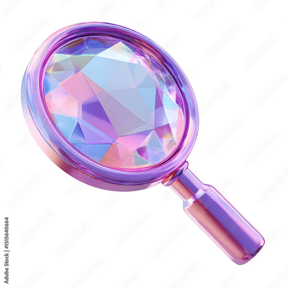 Poster A vibrant metallic magnifying glass with a prismatic crystalline appearance casting a soft glowing light and creating a captivating decorative visual