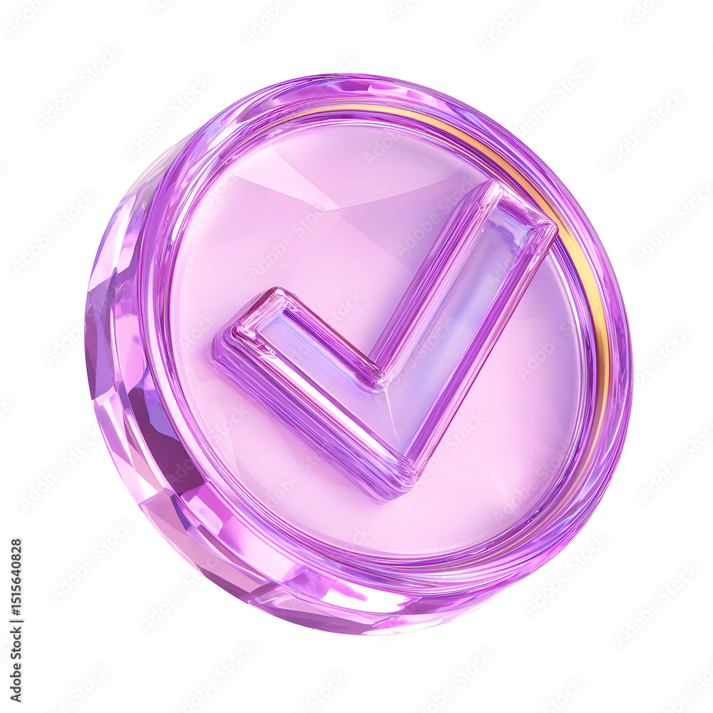 Aufkleber A vibrant glossy pink and purple crystal like button with a prominent check mark icon conveying a sense of approval validation and digital interface design