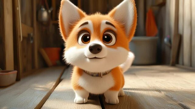 A cute, cartoonish corgi puppy with big eyes sits on a wooden surface