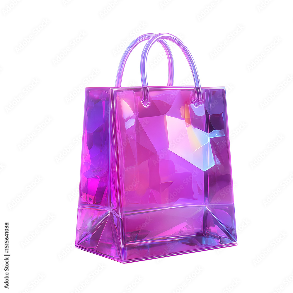 Poster a vibrant iridescent shopping bag with a faceted crystal like design in shades of purple and pink cr