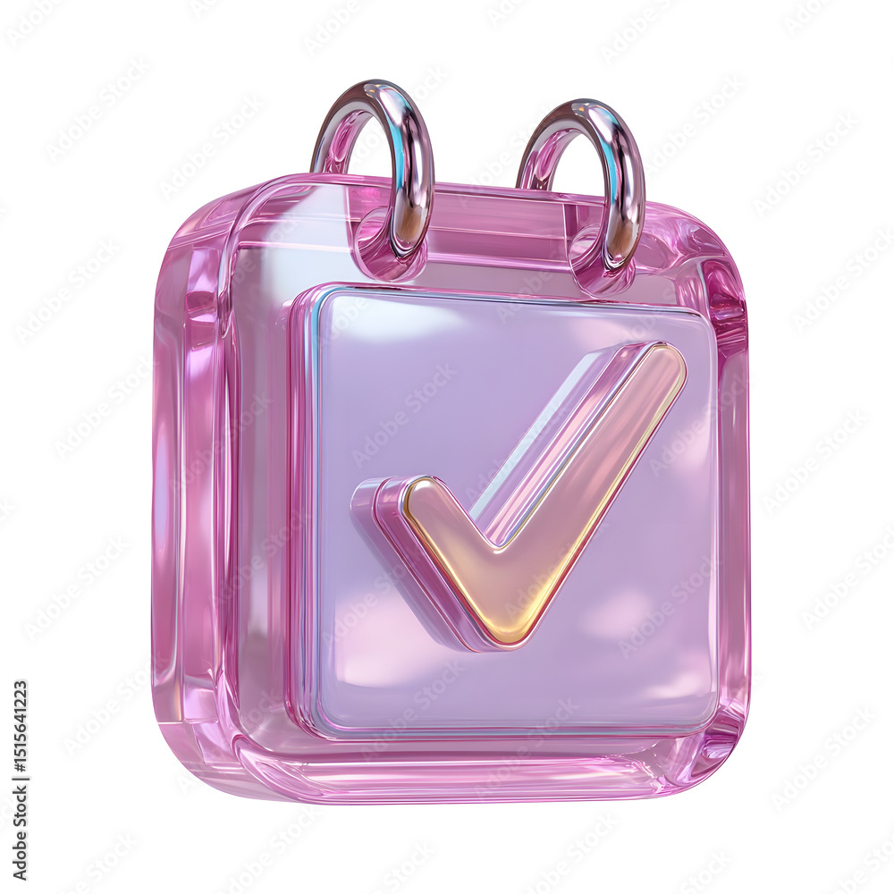 Poster striking 3d render of a vibrant pink and purple crystal calendar check mark symbol conveying a sense