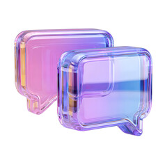 Two transparent iridescent crystal like geometric shapes in shades of pink purple and blue against a plain white background creating a minimalist modern and luminous still life composition