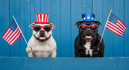Dogs with American flags celebrating independence day