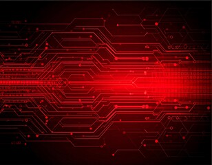 Red circuit board graphic, glowing lines and binary code