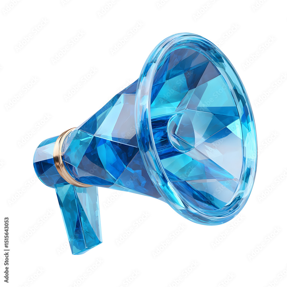 Poster striking 3d megaphone icon with a faceted crystal like blue design symbolizing digital communication