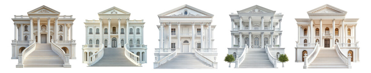 Fototapeta premium Elegant architectural designs of white buildings with stairs, Isolated on Transparent, white background