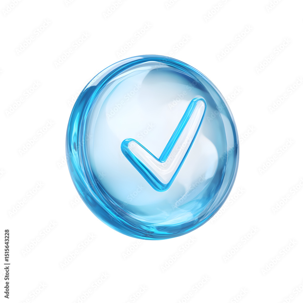 Leinwandbilder a 3d rendered blue transparent glass like button with a white check mark icon at the center against 