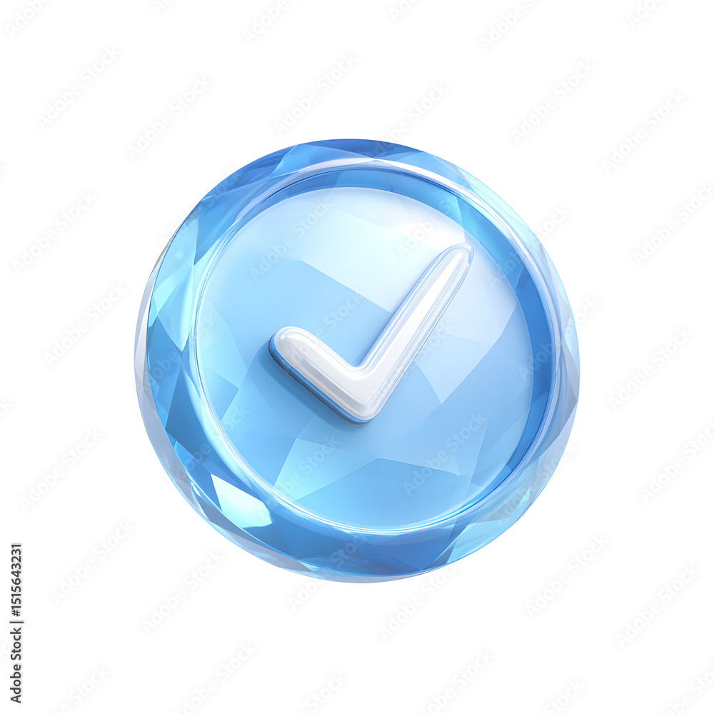 Fototapete a transparent 3d rendered blue crystal button with a white check mark icon conveying a sense of appr