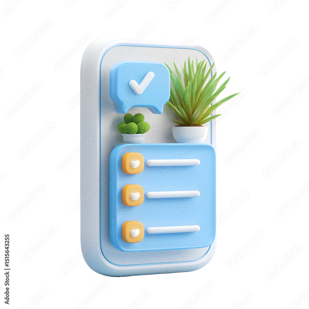 Aufkleber A clean and modern 3D checklist app icon featuring a task list chat bubble and plant element to represent productivity and task management tools