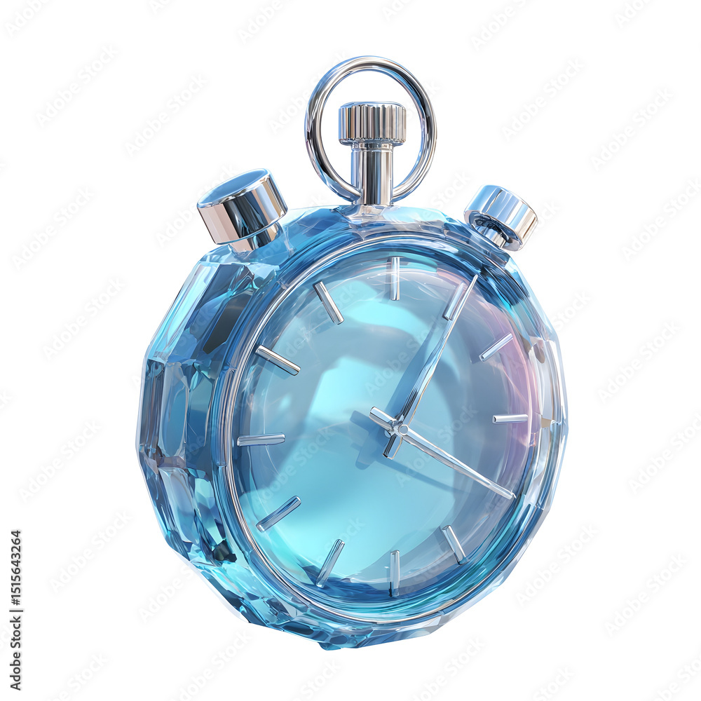 Poster A glossy crystal like stopwatch timer icon in shades of blue representing time management deadlines and speed concepts