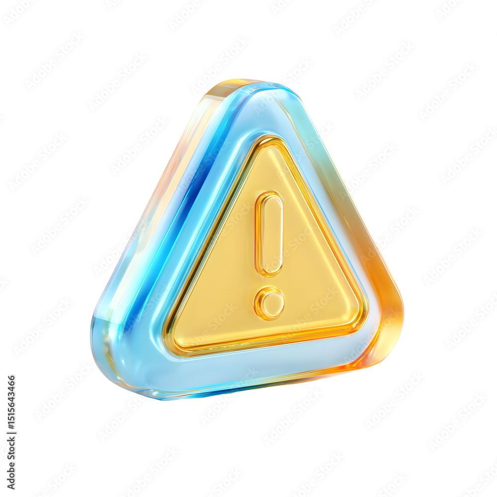 Poster Minimalist futuristic 3D rendering of a transparent geometric warning icon with a yellow exclamation mark set against a soft blue background