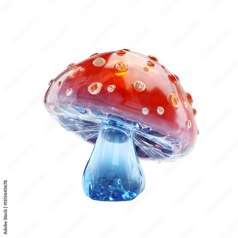 Poster a surreal digitally rendered image of a vibrant red mushroom with a translucent blue stem set agains