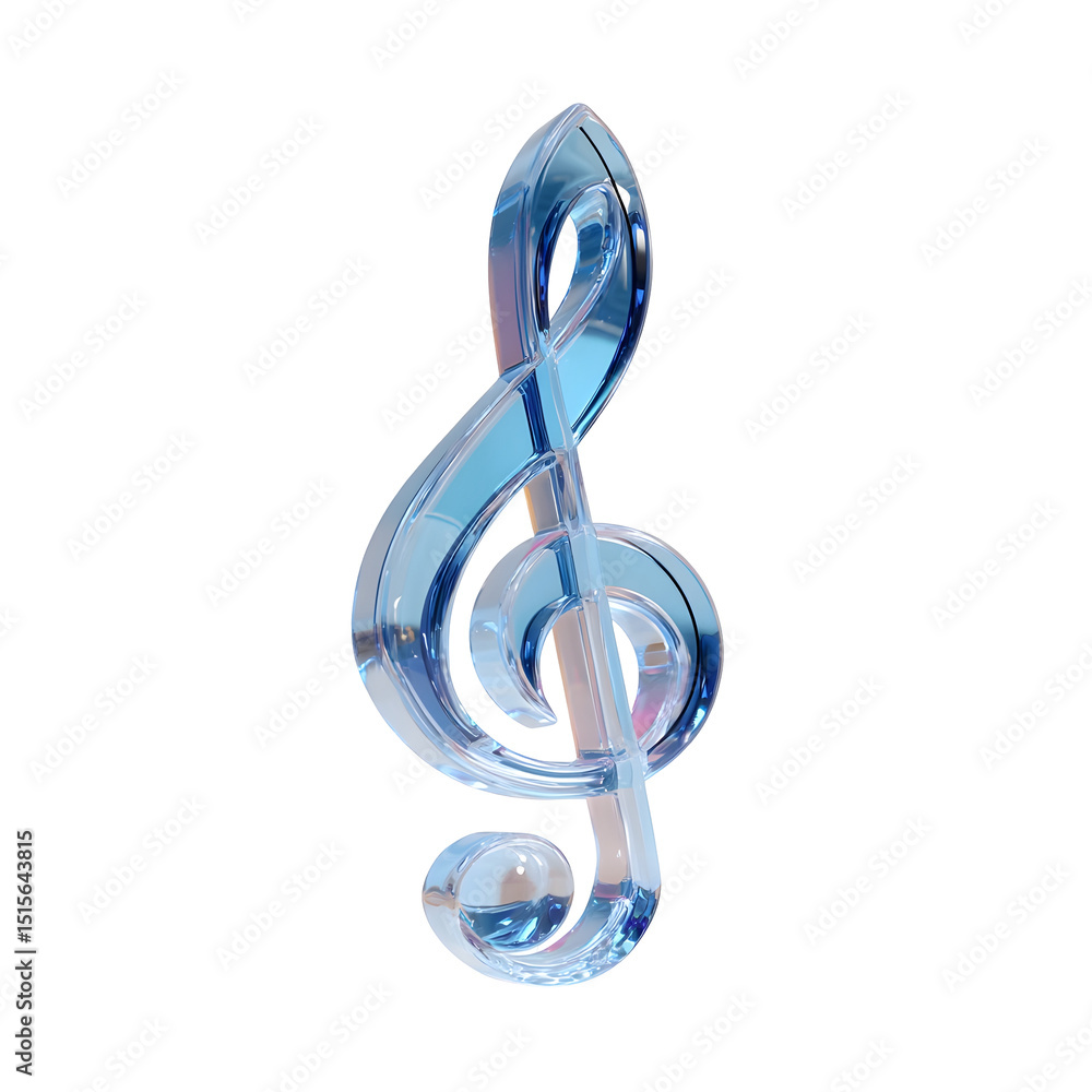 Poster a transparent luminous blue music note symbol with a crystal like gradient design and elegant flowin