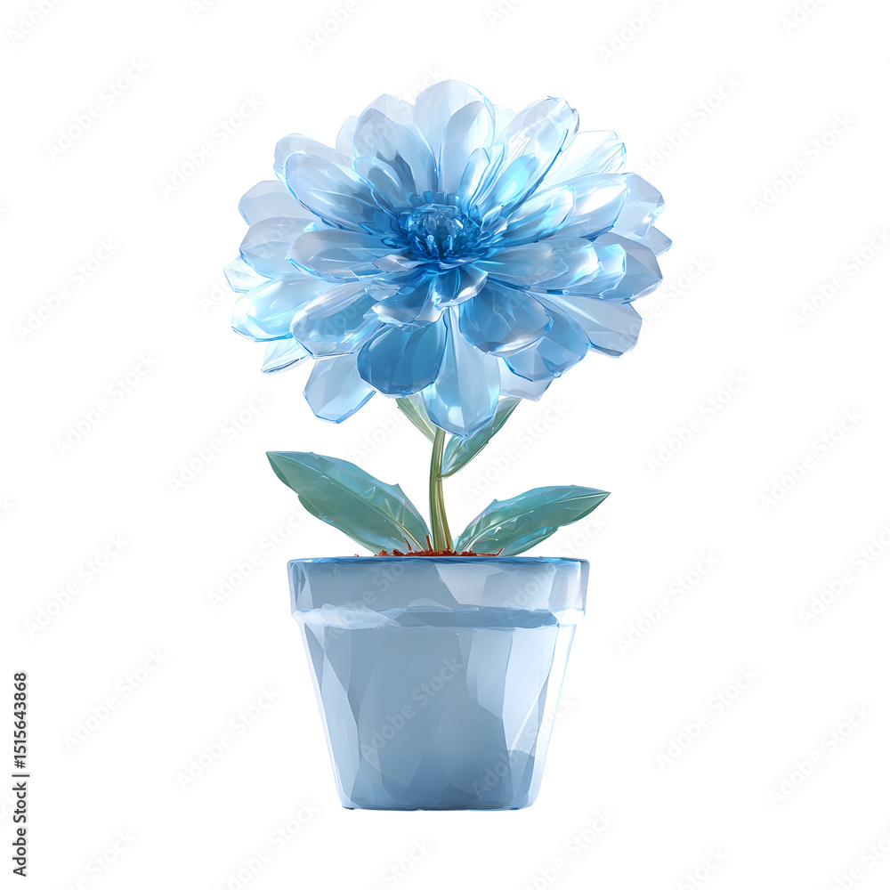 Poster a delicate transparent blue flower blooming in a simple modern pot against a white background with a