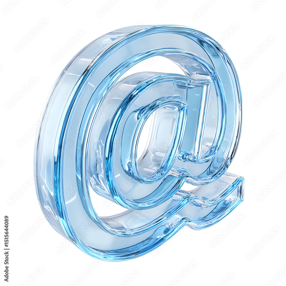 Poster elegant and minimalist 3d rendering of a transparent blue crystal like at symbol or commercial sign 