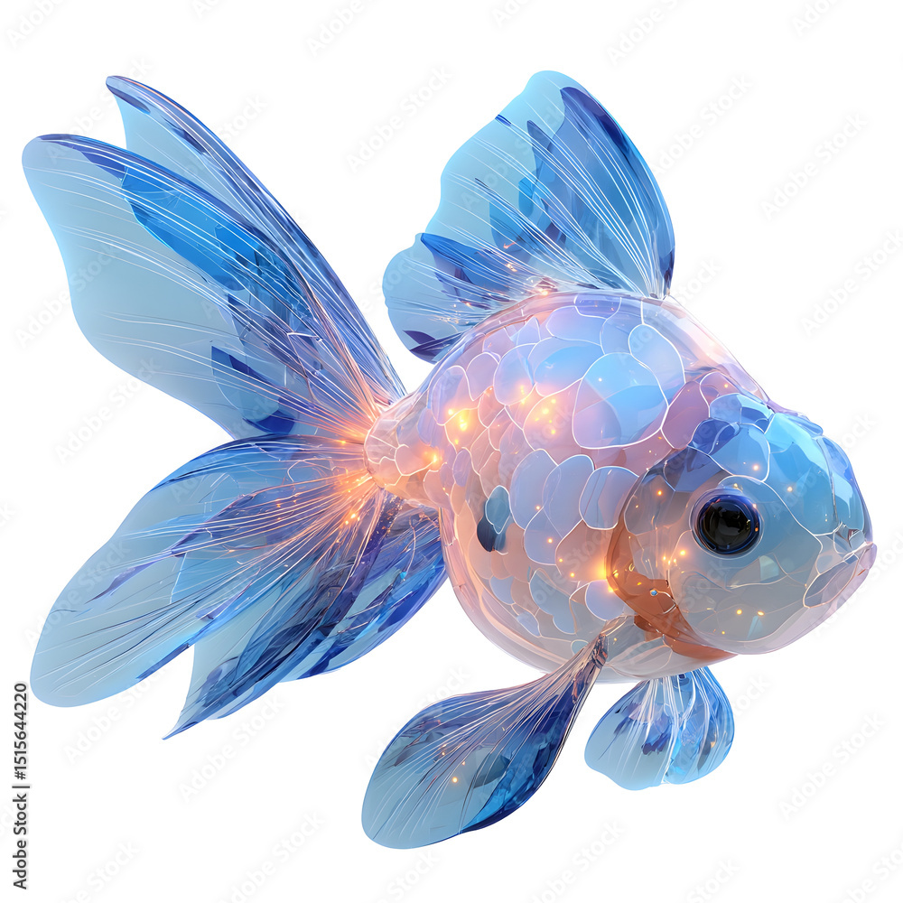 Poster a vibrant translucent goldfish with delicate fins and an iridescent glowing body gracefully swimming