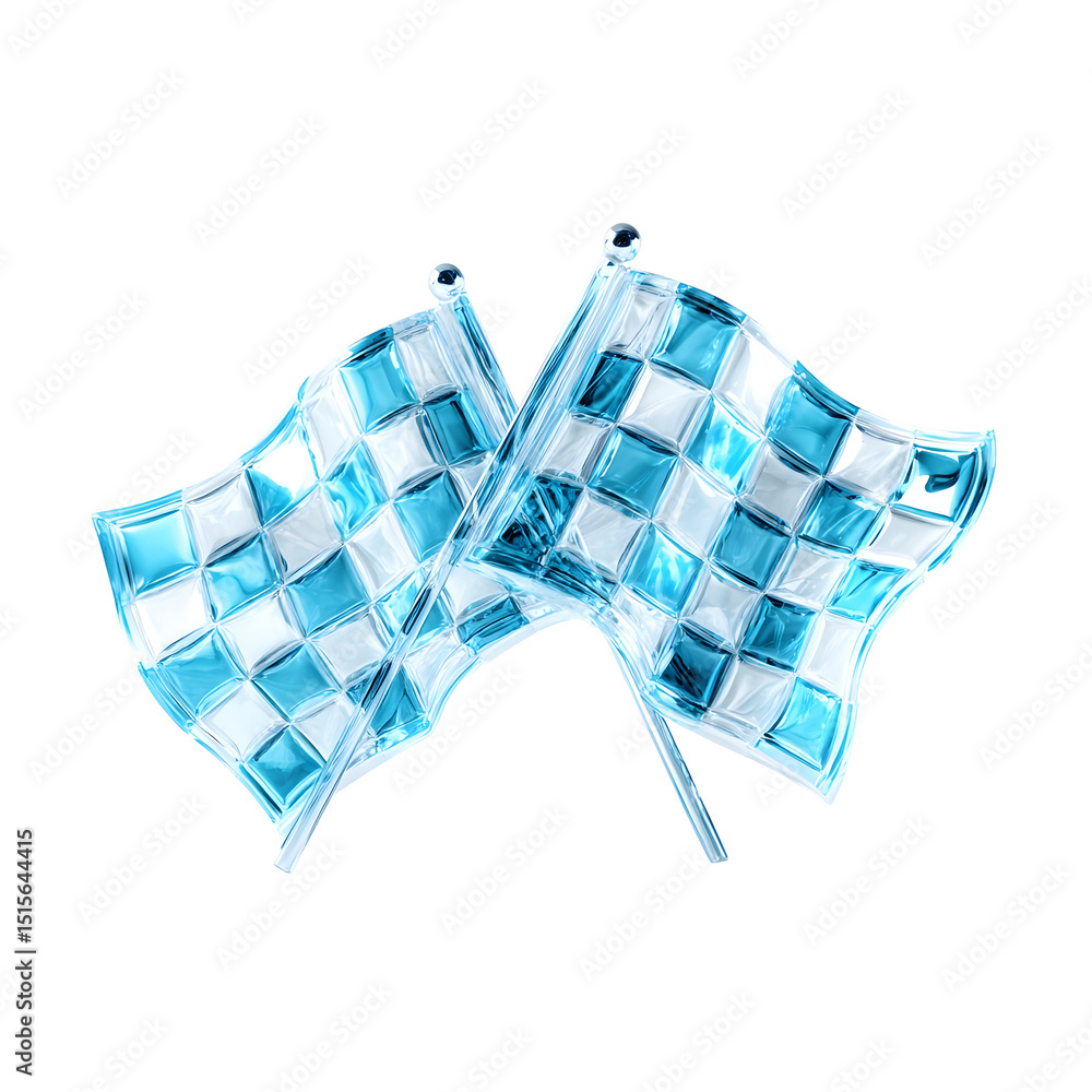 Poster Vibrant abstract 3D rendering of interlocking checkered or chequered racing flags in a sleek crystal like style against a bright white background